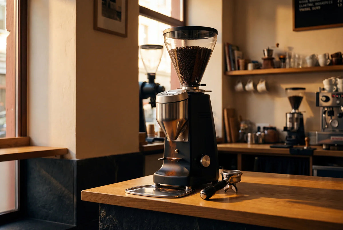 Vertical commercial coffee grinder on professional café bar in warm light
