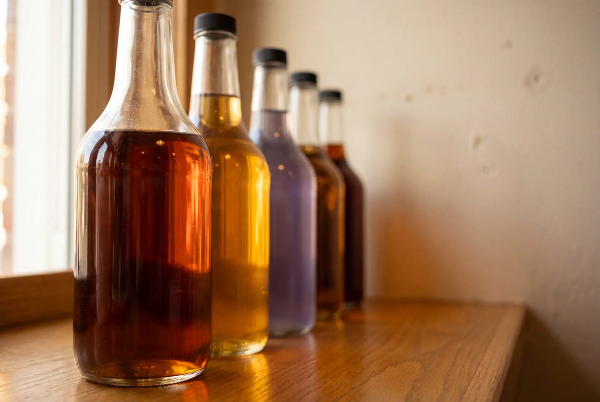 Row of flavored syrup bottles in warm window light on café bar