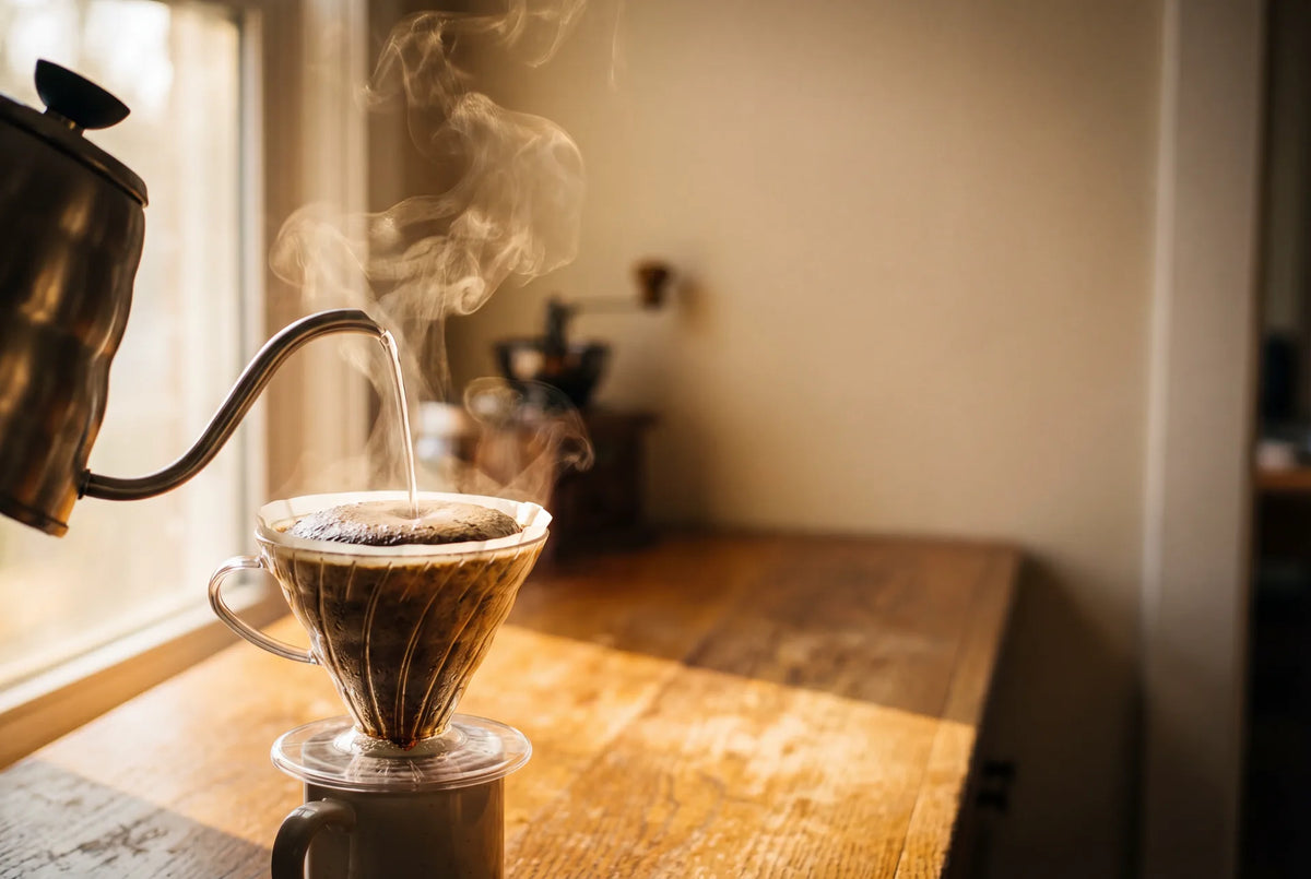 Pour-over coffee in progress with water cascading over glass V60 dripper
