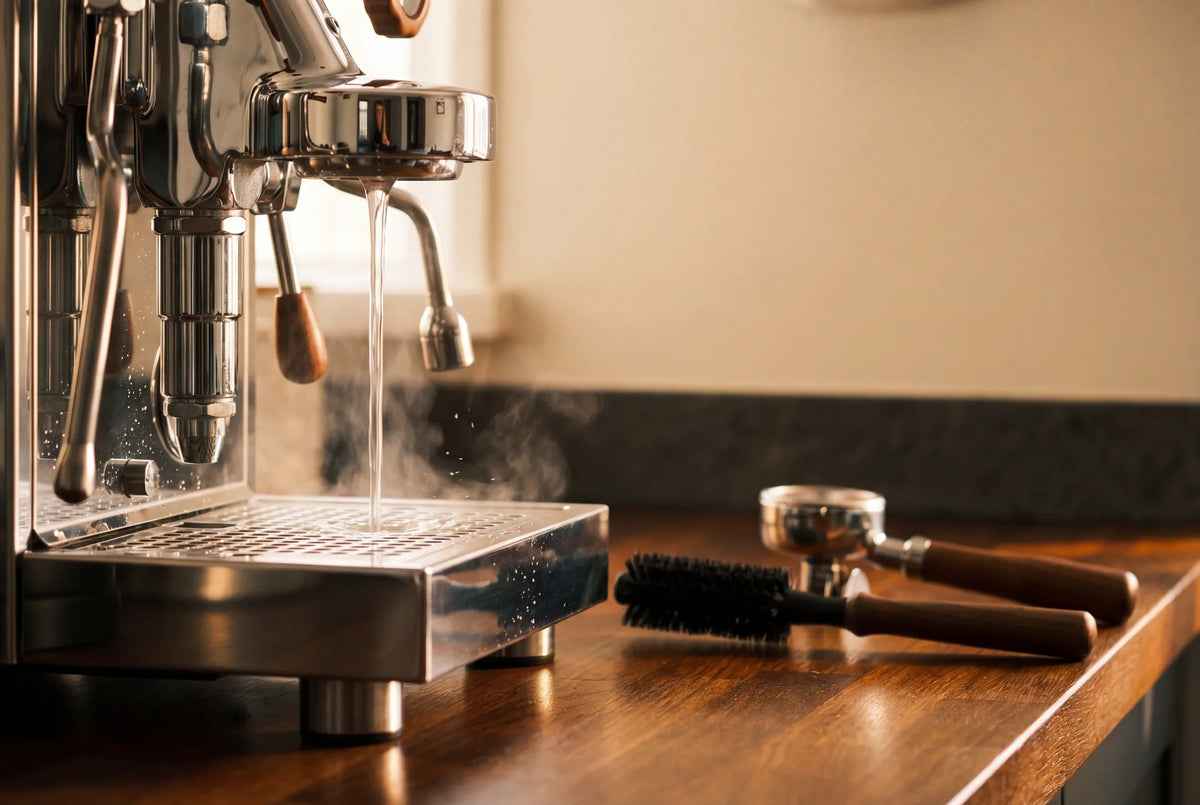 Espresso machine cleaning ritual with Pallo brush and portafilter on counter