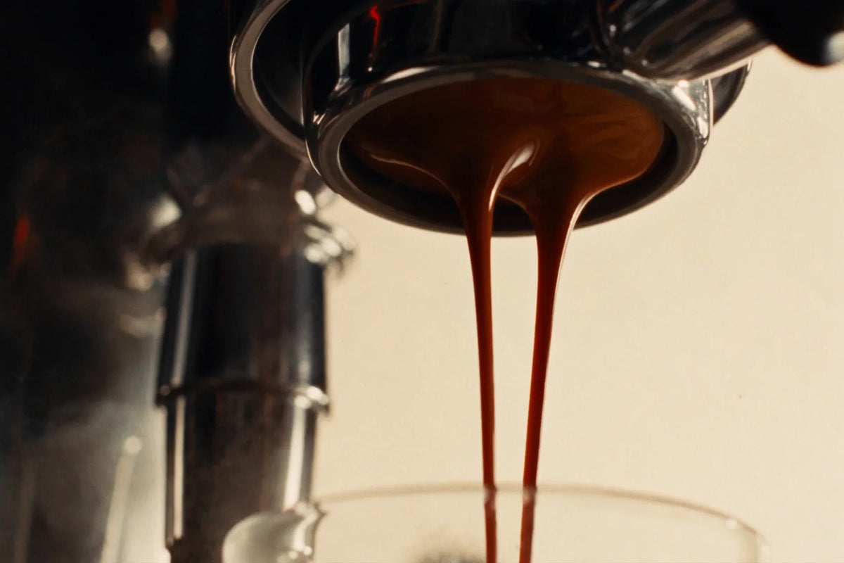 Double espresso shot pouring from chrome portafilter with golden crema