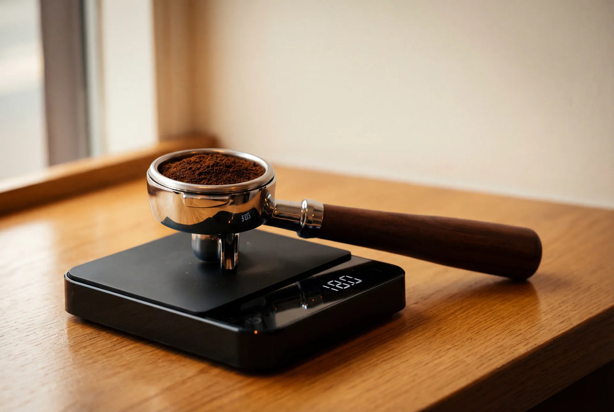 Precision coffee scale weighing freshly ground espresso dose in portafilter