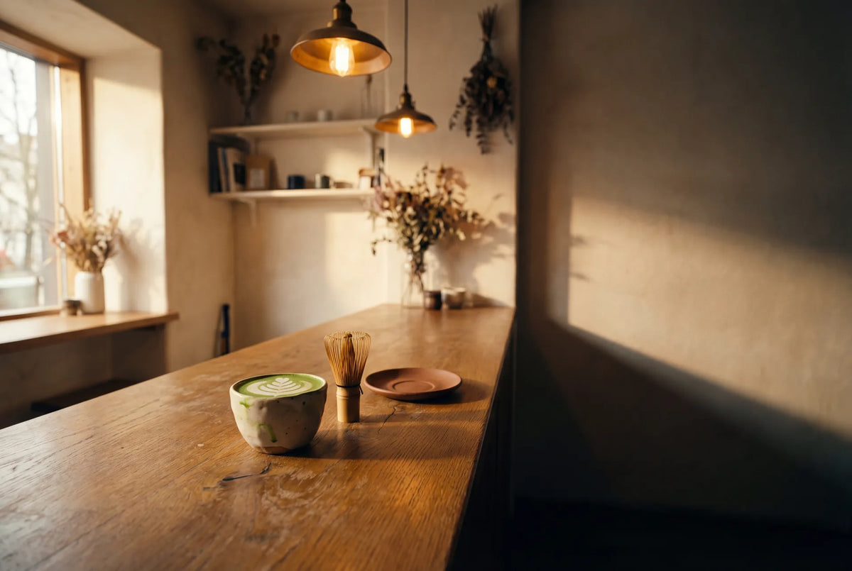 Matcha latte art in handcrafted ceramic cup on warm café counter