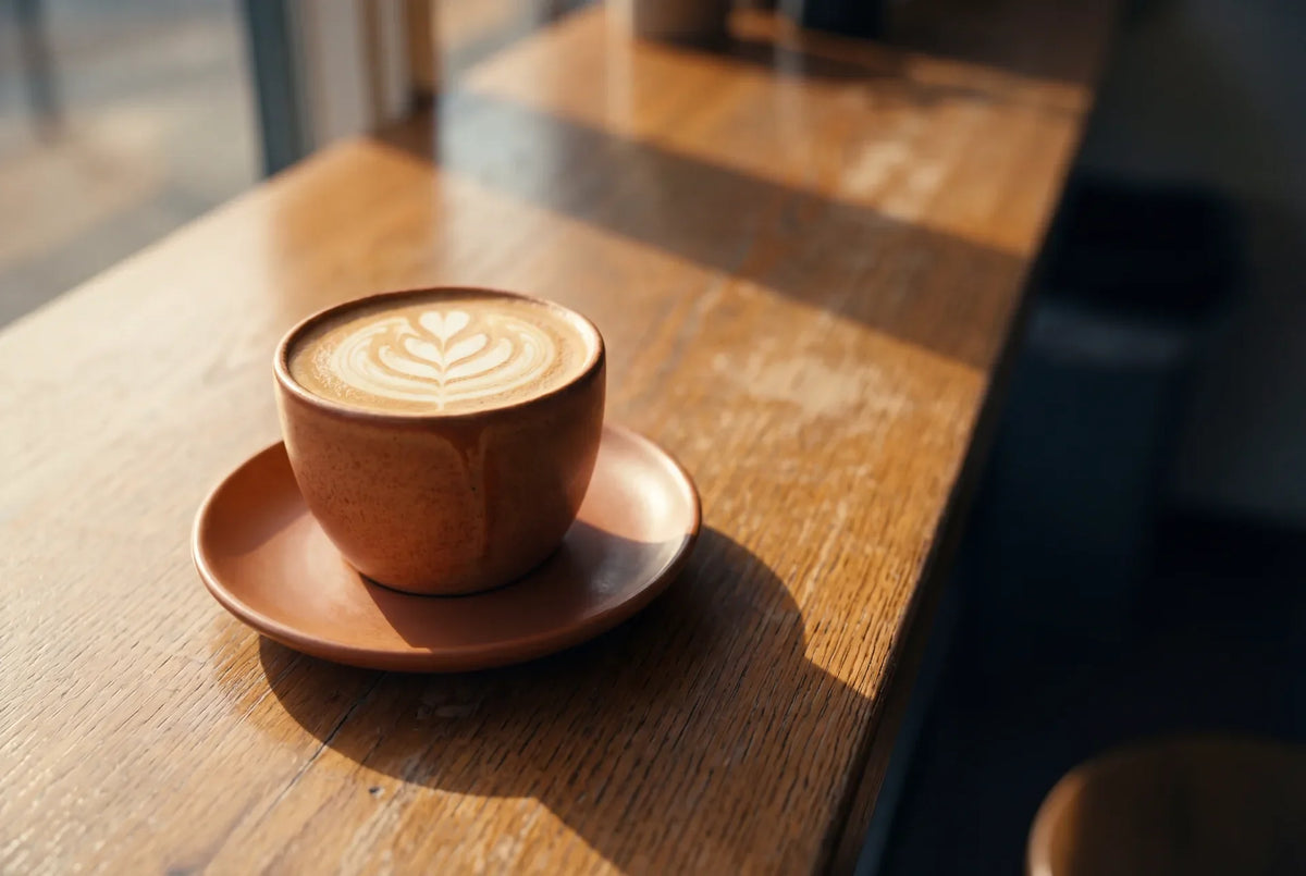 Tulip latte art in handcrafted terracotta ceramic cup, overhead view
